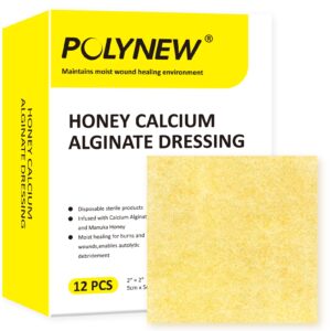 Polynew Manuka Honey Calcium Alginate Dressing, 12 Individual Pack, 2"x2" Patches, Honey Wound Dressing with Calcium Alginate, Manuka Honey Wound Care Bandages for Burns, Faster Wound Care