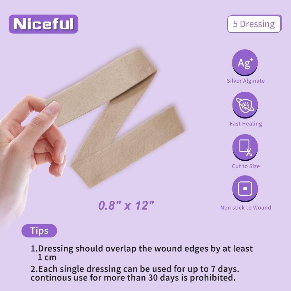 Niceful 5 Packs Silver Calcium Alginate Ropes0.8"x12“, 10 Packs Silicone Foam Dressing 5"x5", Highly Absorbent Wound Dressing Comfortable Wound Pads for Pressure Ulcer