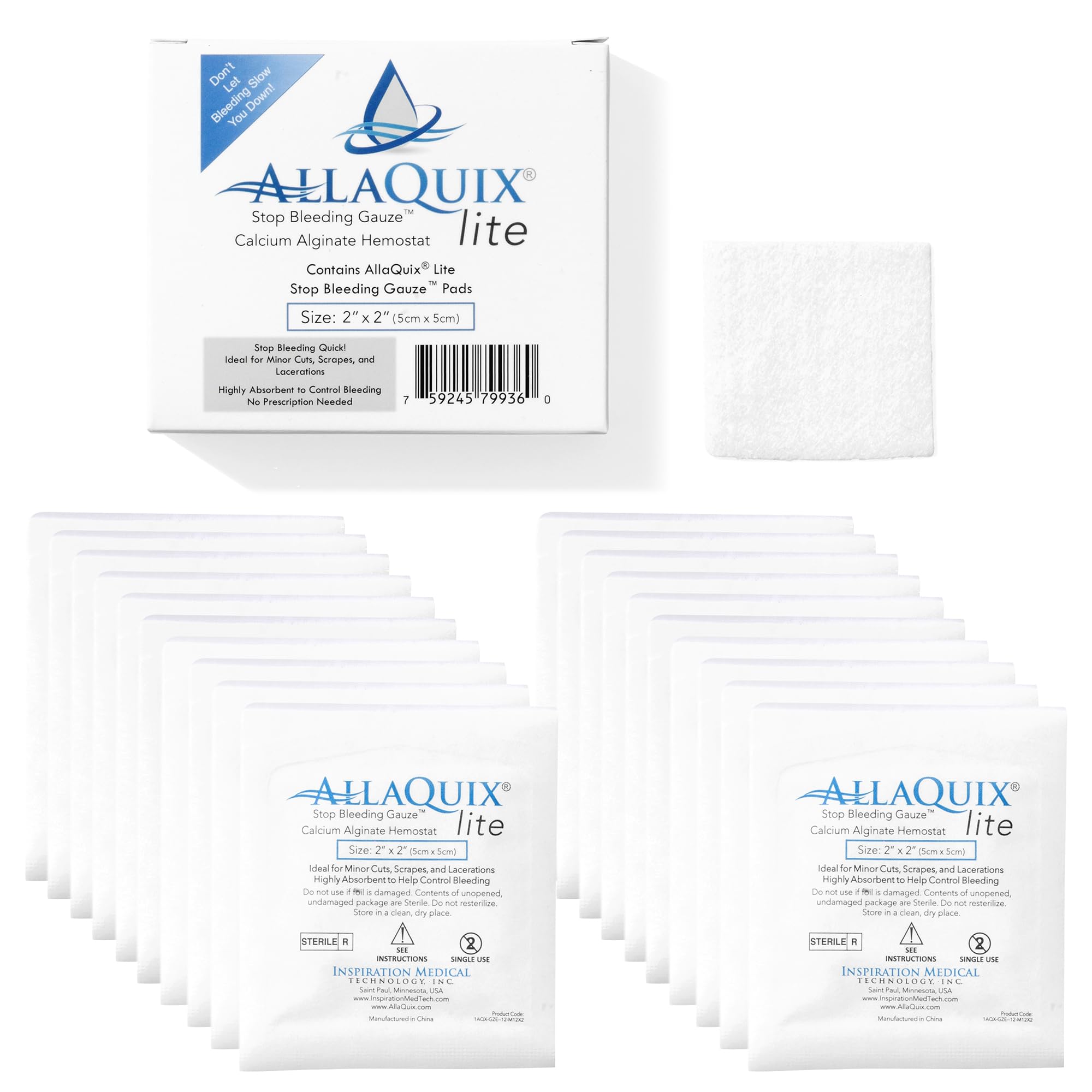 AllaQuix Lite Stop Bleeding Gauze - Calcium Alginate Wound Dressing (Large 2-inch Square) First Aid Hemostatic Gauze (Blood Clotting Bandage) - Box of 20