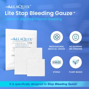 AllaQuix Lite Stop Bleeding Gauze - Calcium Alginate Wound Dressing (Large 2-inch Square) First Aid Hemostatic Gauze (Blood Clotting Bandage) - Box of 20