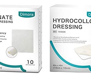 Dimora Calcium Alginate Wound Dressing, 4'' x 4'' Patches & Hydrocolloid Dressing 4'' x 4'', Sterile Self-Adhesive Patches
