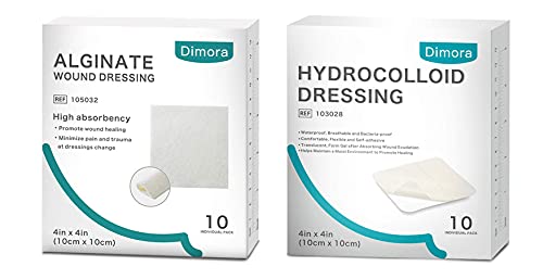 Dimora Calcium Alginate Wound Dressing, 4'' x 4'' Patches & Hydrocolloid Dressing 4'' x 4'', Sterile Self-Adhesive Patches