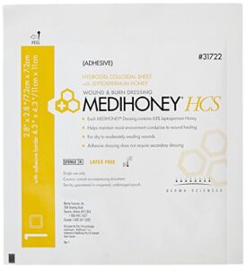derma sciences 31722 medihoney dressing hydrogel colloidal sheet, adhesive, 2.8" width x 2.8" length (pack of 10)