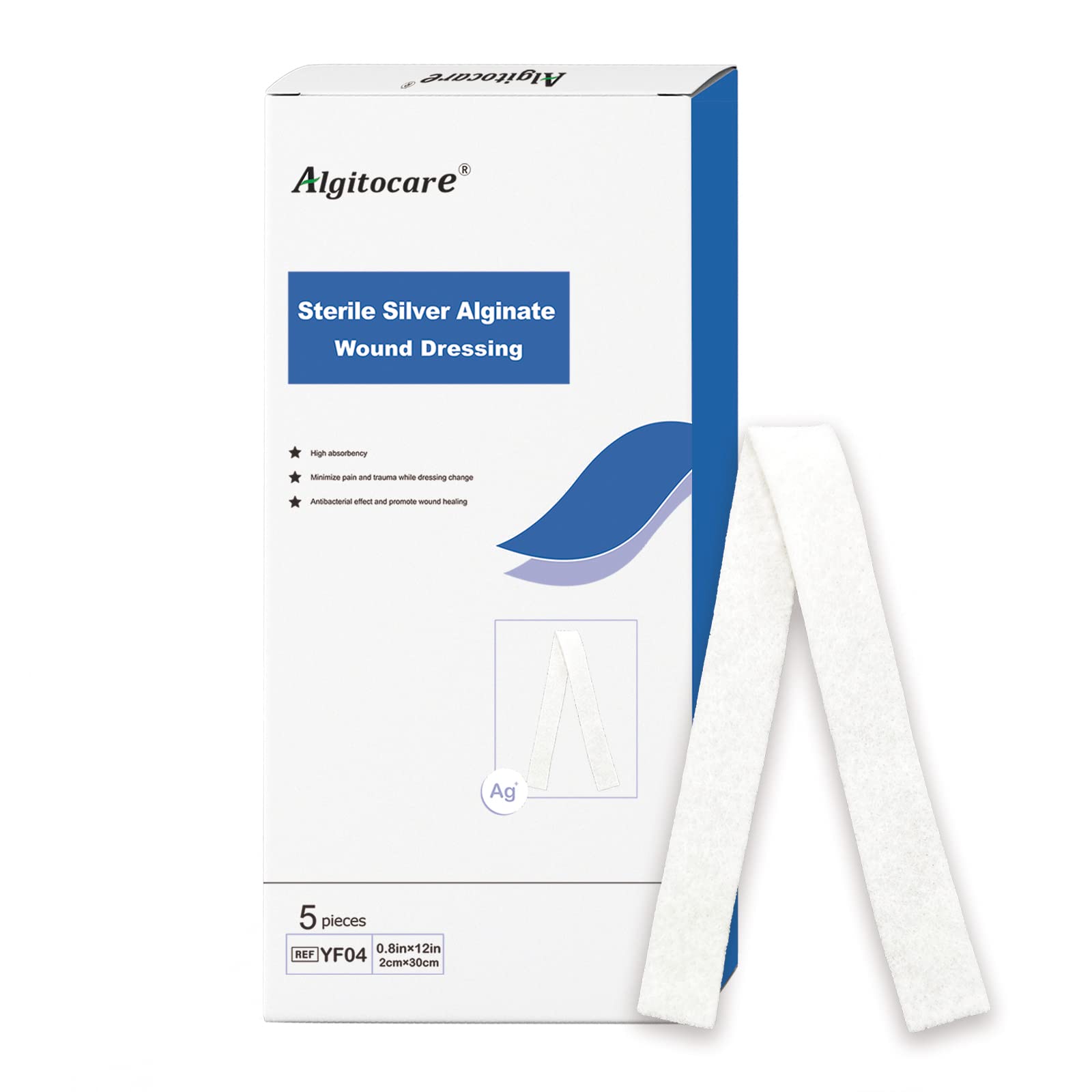 Algitocare Ag Silver Calcium Alginate Wound Dressing - 0.8"x12"(Pack of 5), Non-Stick Sterile Gauze Pads for Accelerating Wound Healing, High Absorbency and Soft for Wound Care Supplies …