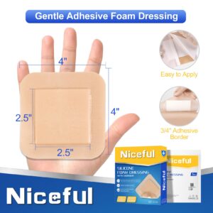 Niceful Silicone Foam Dressing 4"x4", Waterproof Silicone Bandages with Border Adhesive, High Absorbency Bed Sore Bandages Wound Care Dressing (2.5"X2.5" Pad), 5 Packs, FSA HSA Eligible