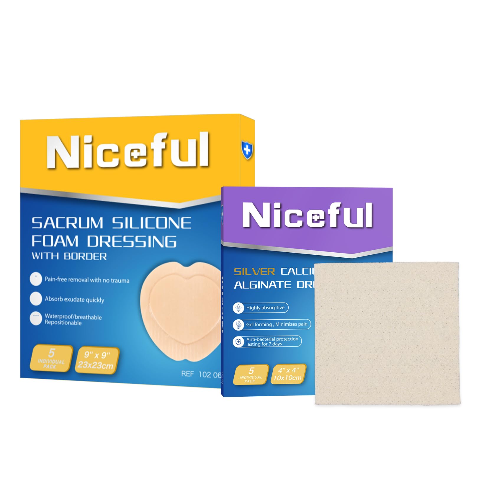 Niceful 5 Pcs Silver Calcium Alginate Wound Dressing 4x4, 5 Pcs Sacral Silicone Border Foam Dressing 9x9, Highly Absorbent Wound Dressing Moist Healing Wound Pads for Diabetic Ulcer Bedsore Ulcer