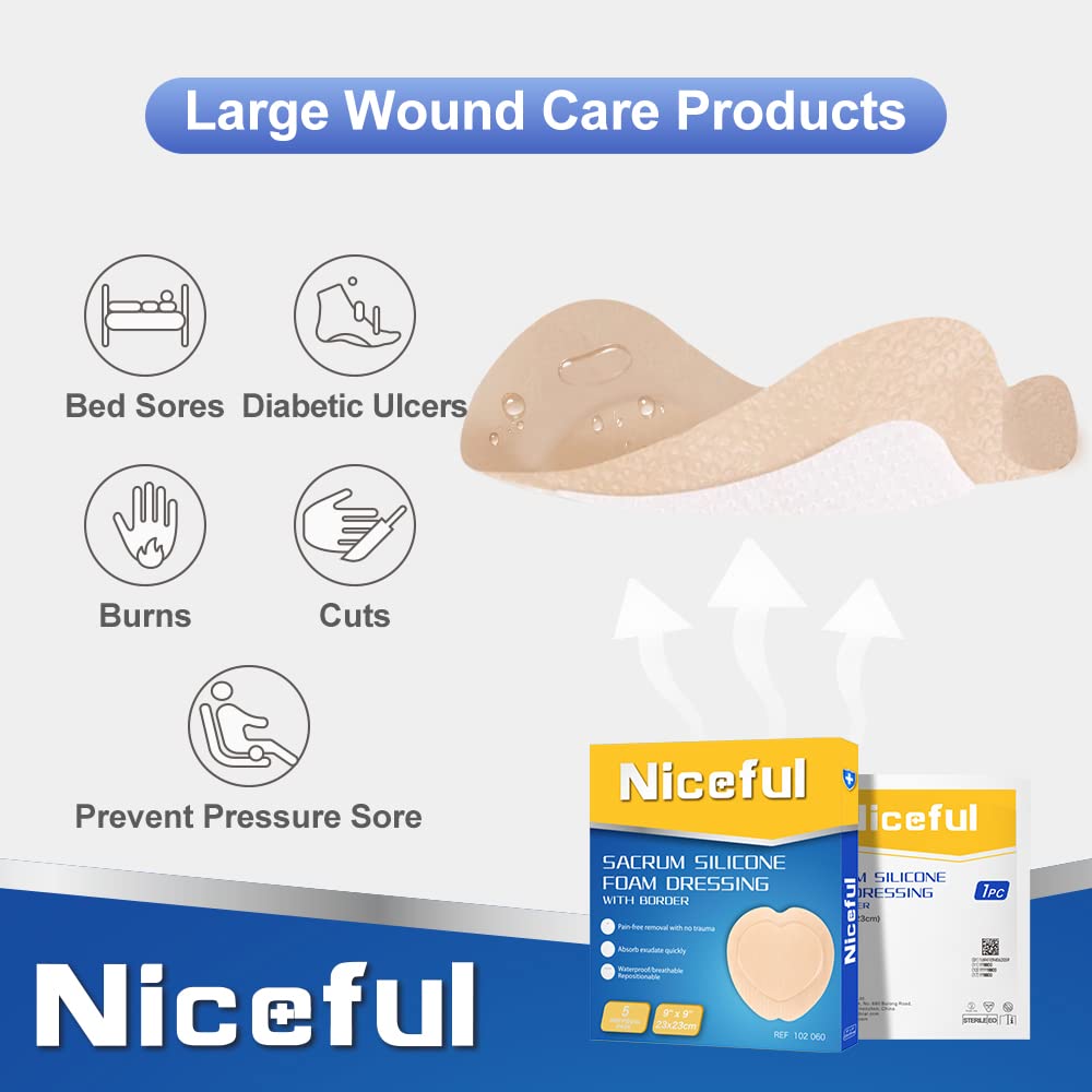 Niceful 5 Pcs Silver Calcium Alginate Wound Dressing 4x4, 5 Pcs Sacral Silicone Border Foam Dressing 9x9, Highly Absorbent Wound Dressing Moist Healing Wound Pads for Diabetic Ulcer Bedsore Ulcer