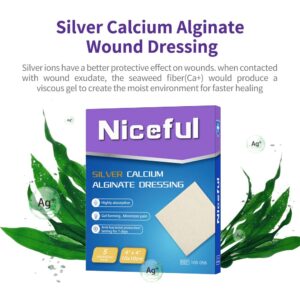 Niceful 5 Pcs Silver Calcium Alginate Wound Dressing 4x4, 5 Pcs Sacral Silicone Border Foam Dressing 9x9, Highly Absorbent Wound Dressing Moist Healing Wound Pads for Diabetic Ulcer Bedsore Ulcer