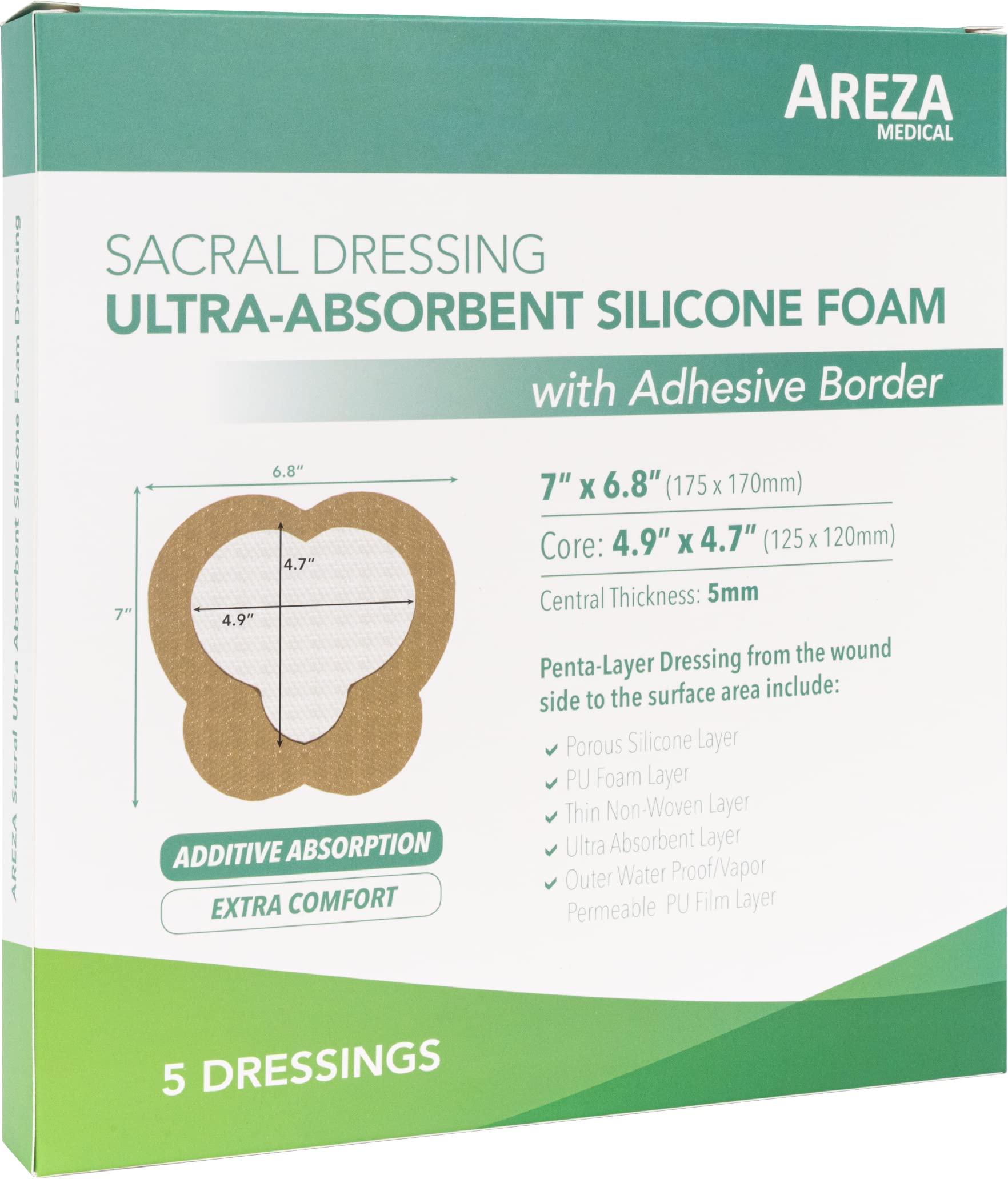 Areza Medical - Ultra-Absorbent Silicone Foam Wound Dressing - Waterproof - with Adhesive Border - sterile - designed for Sacral Wounds - 7" X 6.8" - 5 PCS Per Box