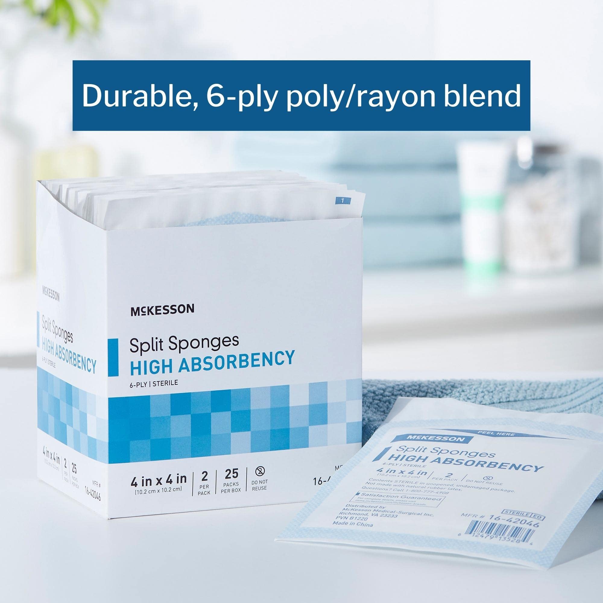 McKesson Split Sponges High Absorbency, 6-Ply Sterile, I.V. and Tracheostomy Dressings, Polyester / Rayon Blend, 4 in x 4 in, 2 Per Pack, 25 Packs, 50 Total