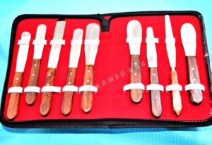 new premium grade stainless steel set of 9 pieces dental mixing spatula plastic alignate mixing-wooden handle