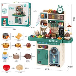 Deejoy 89 PCS Kitchen Playset, Kids Kitchen Toys with Realistic Lights and Sounds, Pretend Steam and Water Tank Functions, Kitchen Color Changing Play Food Accessories for Boys and Girls (Green)