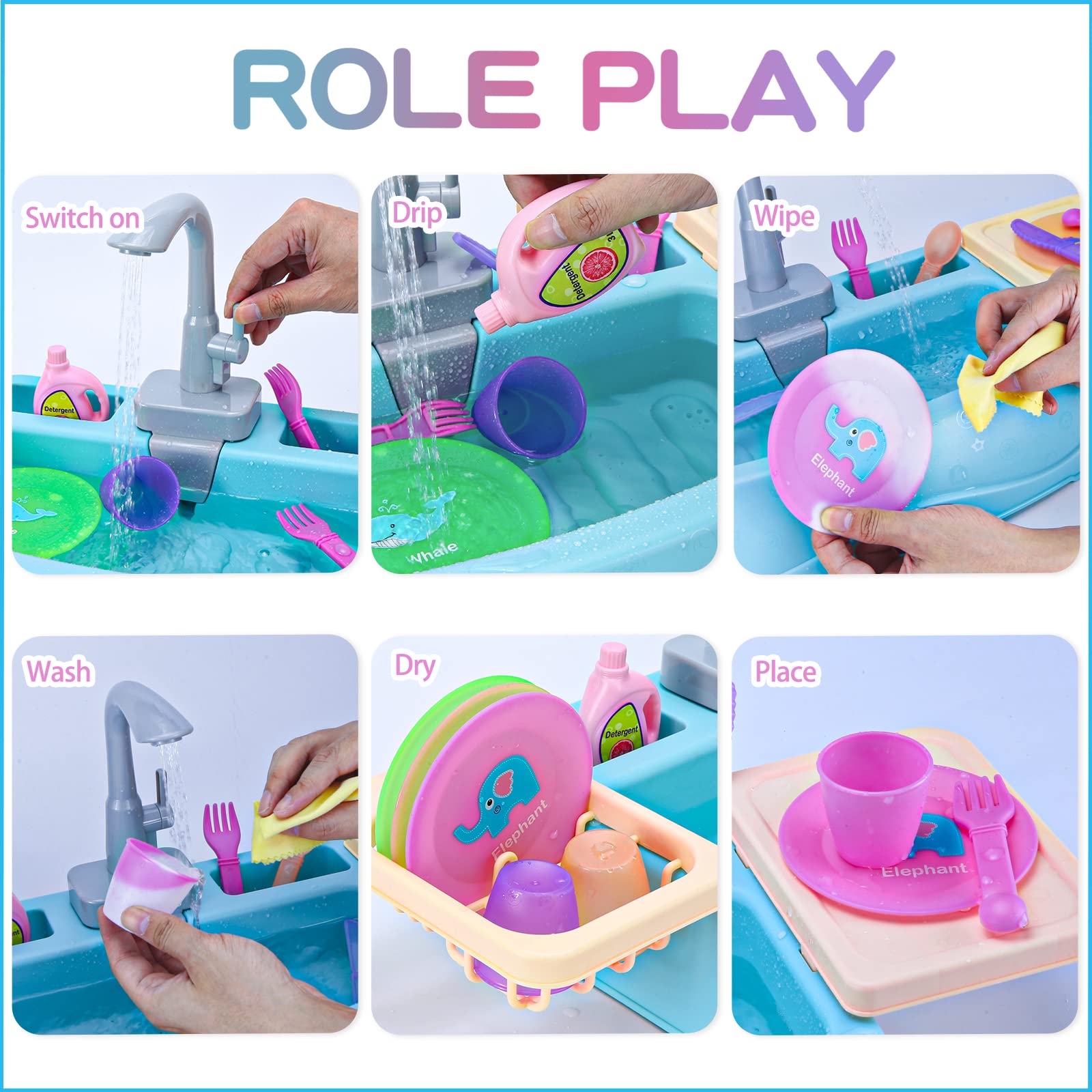 Color Changing Play Sink with Running Water for Toddlers 1-3, Pretend Kitchen Toddler Toy age 2-4, Kid Role Play Electric Dishwasher with Working Faucet Cleaning Set Gifts for Boy Girls for Water Play