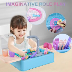 Color Changing Play Sink with Running Water for Toddlers 1-3, Pretend Kitchen Toddler Toy age 2-4, Kid Role Play Electric Dishwasher with Working Faucet Cleaning Set Gifts for Boy Girls for Water Play