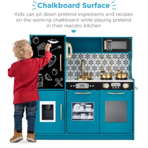 Best Choice Products Pretend Play Kitchen Wooden Toy Set for Kids w/Realistic Design, Telephone, Utensils, Oven, Microwave, Sink - Teal