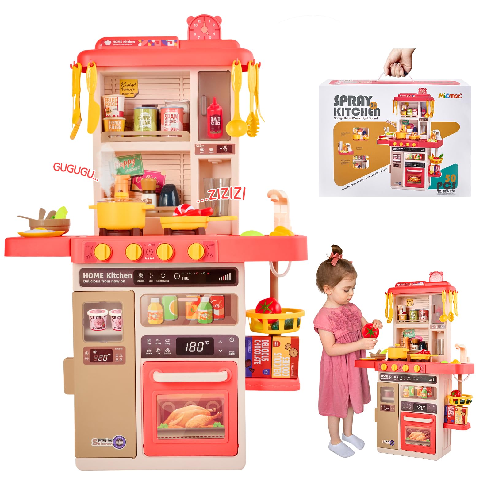 Kids Kitchen Playset, All in One Kids Kitchen Playset 50+ Pcs 31" Pretend Toy Kitchen W/Realistic Light Sound Spray Water Simulation Sink Faucet Food Utensils Play Kitchen for Kids Ages 2-8