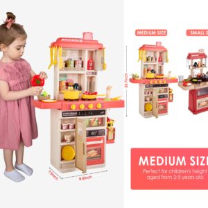 Kids Kitchen Playset, All in One Kids Kitchen Playset 50+ Pcs 31" Pretend Toy Kitchen W/Realistic Light Sound Spray Water Simulation Sink Faucet Food Utensils Play Kitchen for Kids Ages 2-8