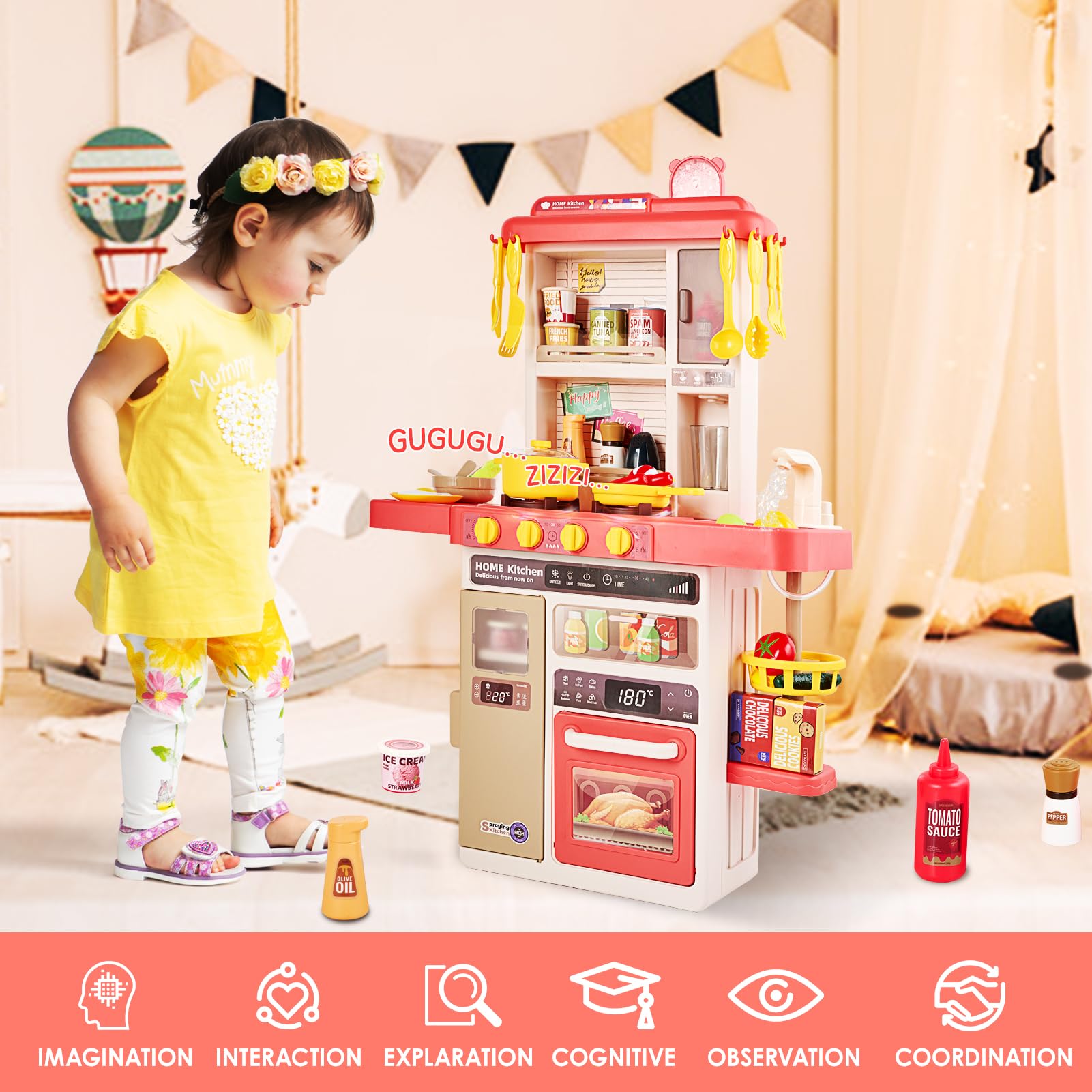 Kids Kitchen Playset, All in One Kids Kitchen Playset 50+ Pcs 31" Pretend Toy Kitchen W/Realistic Light Sound Spray Water Simulation Sink Faucet Food Utensils Play Kitchen for Kids Ages 2-8