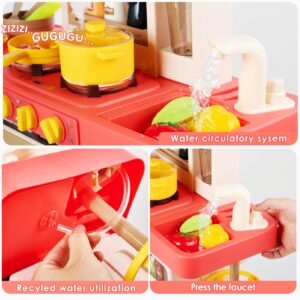 Kids Kitchen Playset, All in One Kids Kitchen Playset 50+ Pcs 31" Pretend Toy Kitchen W/Realistic Light Sound Spray Water Simulation Sink Faucet Food Utensils Play Kitchen for Kids Ages 2-8