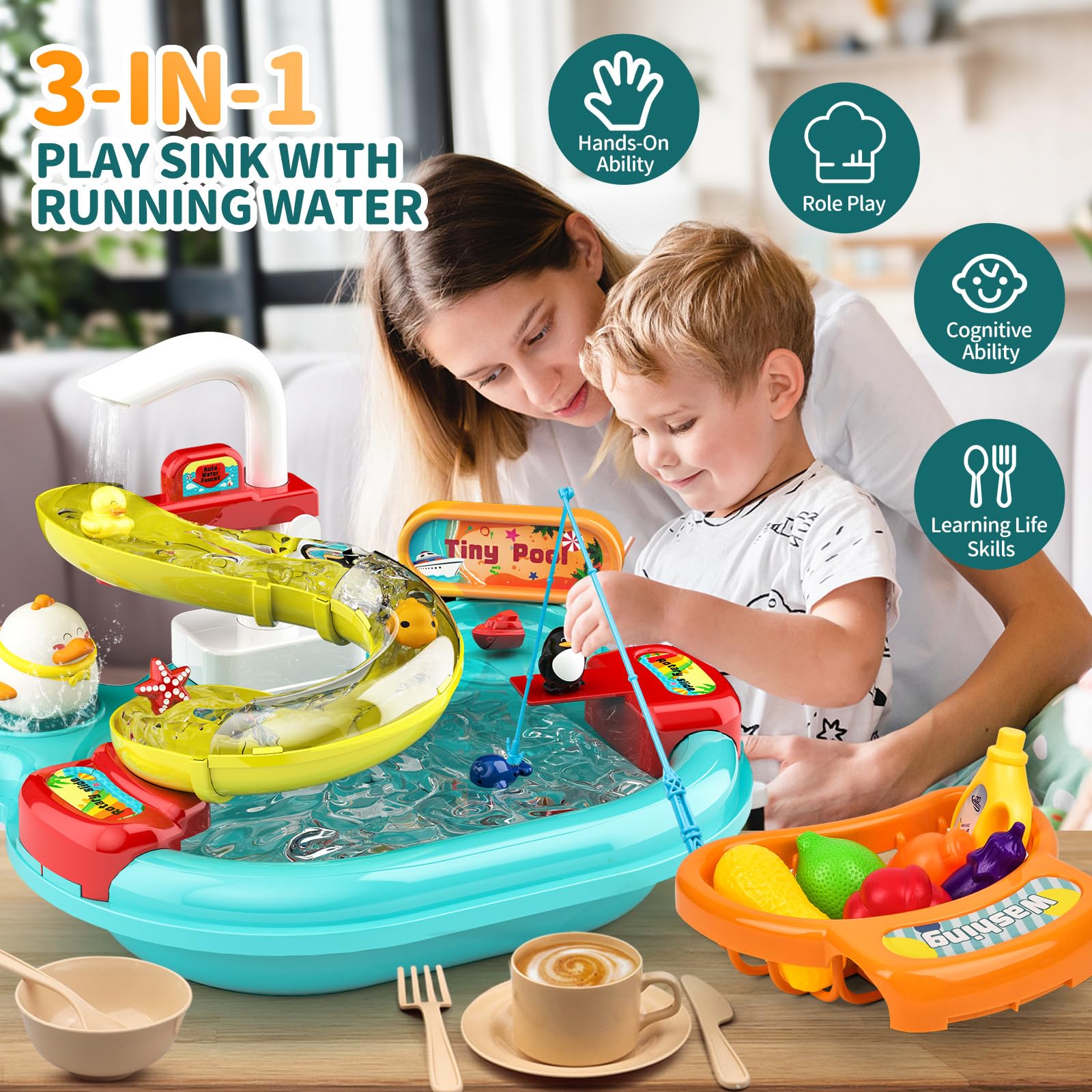 LEWANT Play Sink with Running Water, Kids Kitchen Sink & Fishing Playset with Electric Faucet, Toy Kitchen Accessories, Play Food, Dishwasher Toy for Toddler Girl Boy Birthday