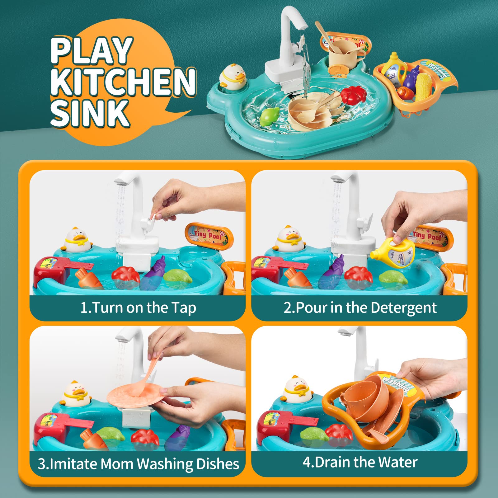 LEWANT Play Sink with Running Water, Kids Kitchen Sink & Fishing Playset with Electric Faucet, Toy Kitchen Accessories, Play Food, Dishwasher Toy for Toddler Girl Boy Birthday