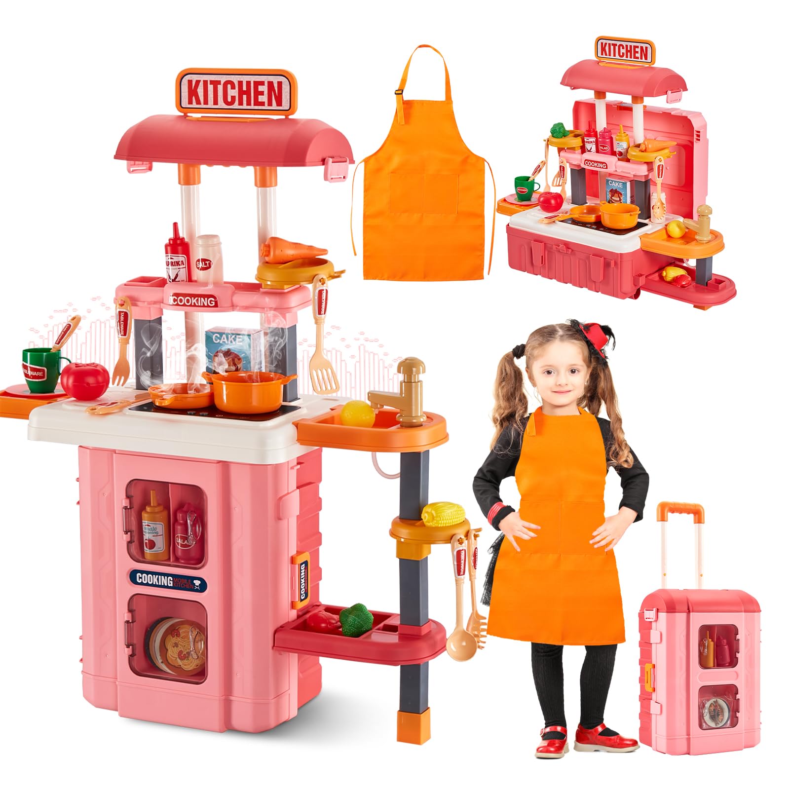 GEIYATOI Kitchen Playset, 3 in 1 Kitchen Pretend Play Toys Travel Suitcase, 49 PCS Realistic Cooking Accessories, Sounds, Lightnd, Running Water, Great Kitchen Toys for Toddlers Kids