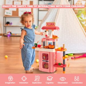 GEIYATOI Kitchen Playset, 3 in 1 Kitchen Pretend Play Toys Travel Suitcase, 49 PCS Realistic Cooking Accessories, Sounds, Lightnd, Running Water, Great Kitchen Toys for Toddlers Kids