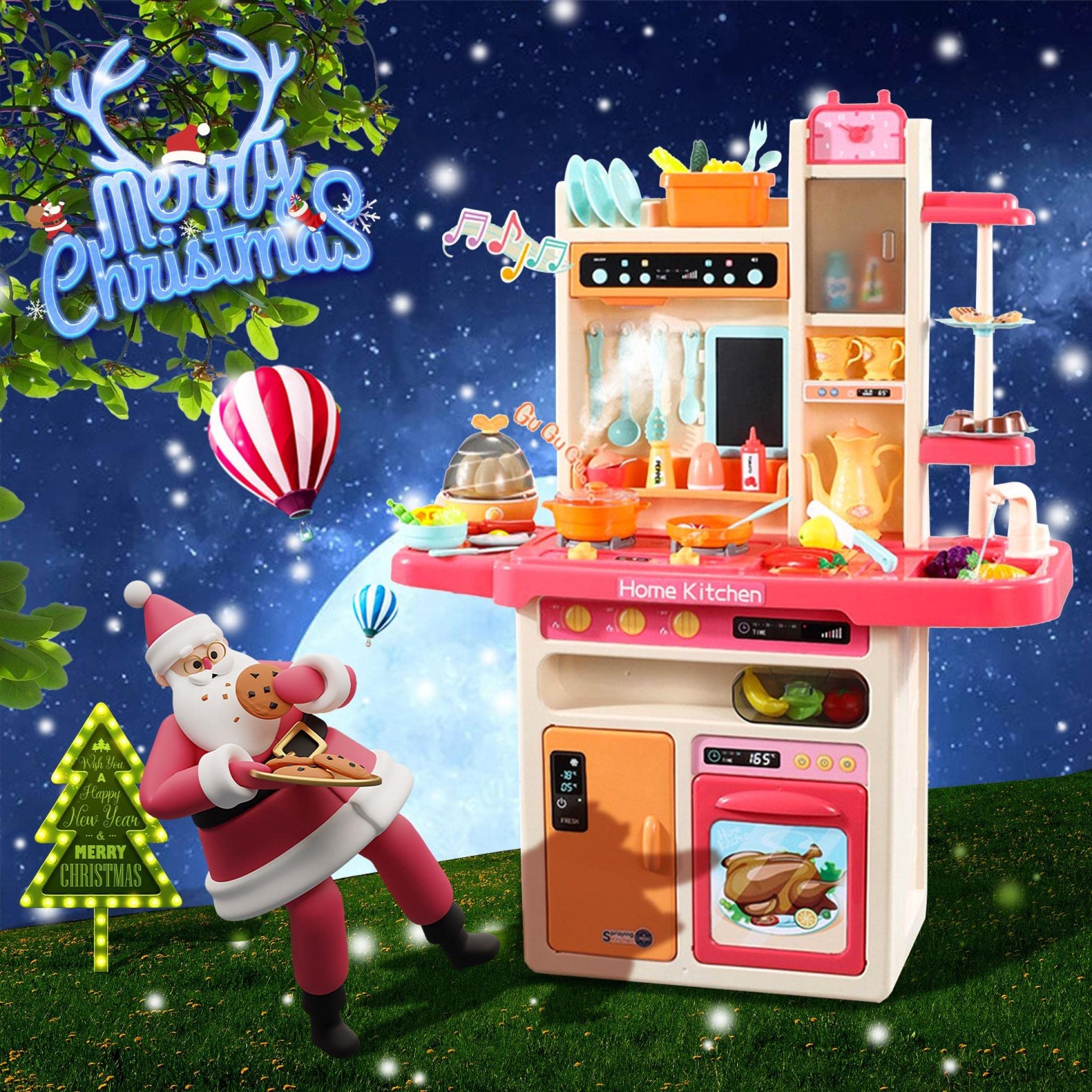 JAWM Kitchen Playset with Real Cooking and Water Boiling Sounds Gifts for Kids Girls Boys