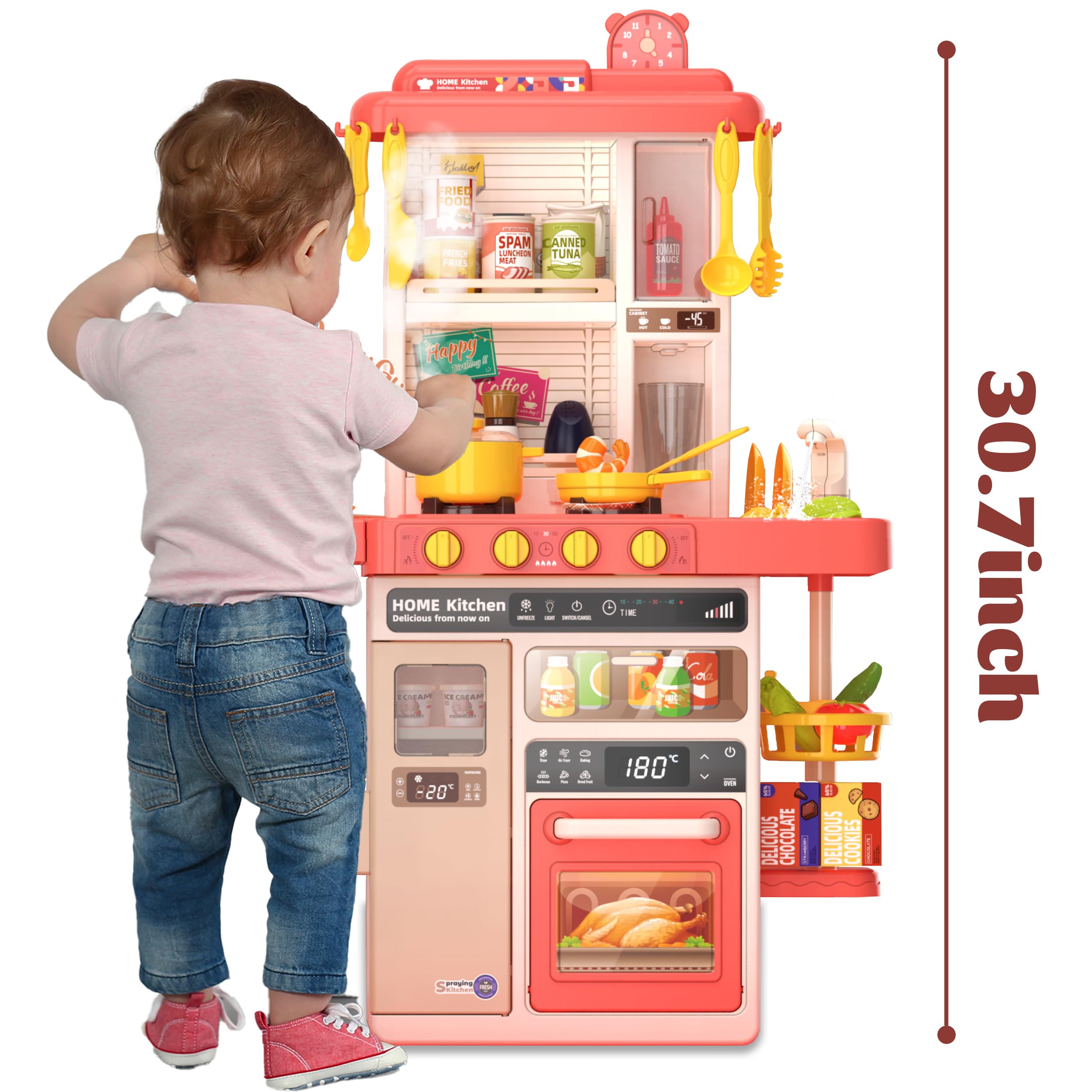 Kids Kitchen Play Set，Interactive Kids Kitchen Play Set with 50Pcs of Pretend Kitchen Toys，Realistic Sound Effects，and Simulated Functionality - Suitable for Toddlers Aged 2-12 Years(Pink)