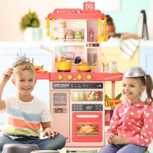 Kids Kitchen Play Set，Interactive Kids Kitchen Play Set with 50Pcs of Pretend Kitchen Toys，Realistic Sound Effects，and Simulated Functionality - Suitable for Toddlers Aged 2-12 Years(Pink)