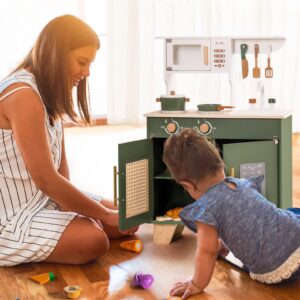 ROBUD Play Kitchen, Kids Kitchen Playset with Pretend Ice Cube Dispenser for Kids Aged 3+, Wooden Toy Kitchen of Birthday Gift to Kids, Vintage Green