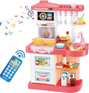 hcfjeh kids play kitchen toy playset,pink kitchen toy set with play sink & pretend steam, toddler kitchen accessories set with sounds & light, birthday for boy girl 3 4 5 7 8 year old