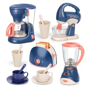 aomola kitchen appliances toy,kids kitchen pretend play set with coffee maker machine,toaster, blender and mixer with realistic light and sounds, play kitchen set for kids ages 4-8