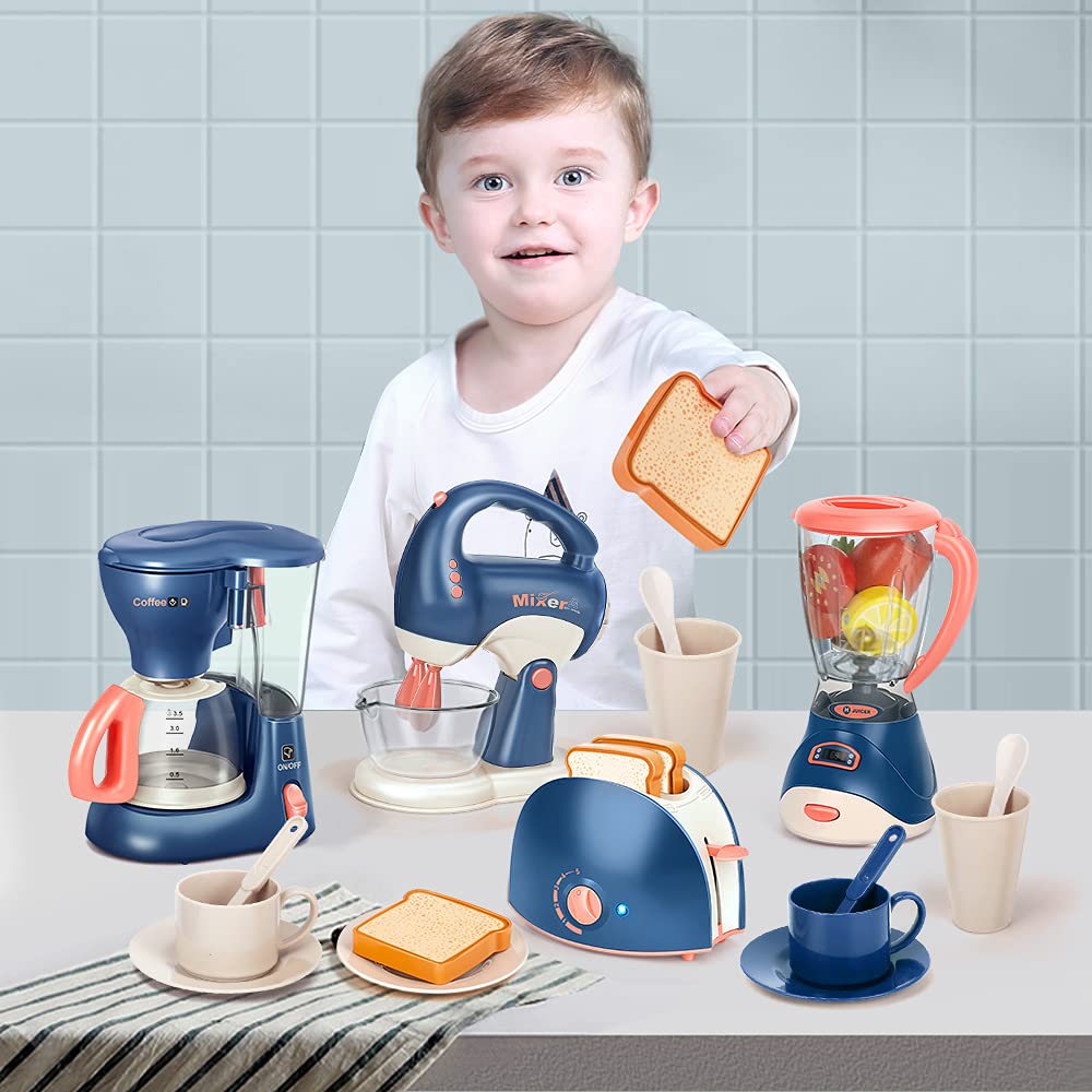 Aomola Kitchen Appliances Toy,Kids Kitchen Pretend Play Set with Coffee Maker Machine,Toaster, Blender and Mixer with Realistic Light and Sounds, Play Kitchen Set for Kids Ages 4-8