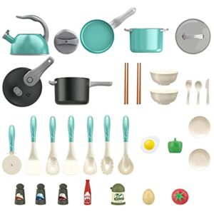 Bruvoalon 32Pcs Kids Play Kitchen Toys Set, Toddlers Pretend Cooking Playset Acccessories with Pots Pans, Utensils Cookware, Foods, Canned Veges, Learning Gift for Kids Girls Boys (Green)