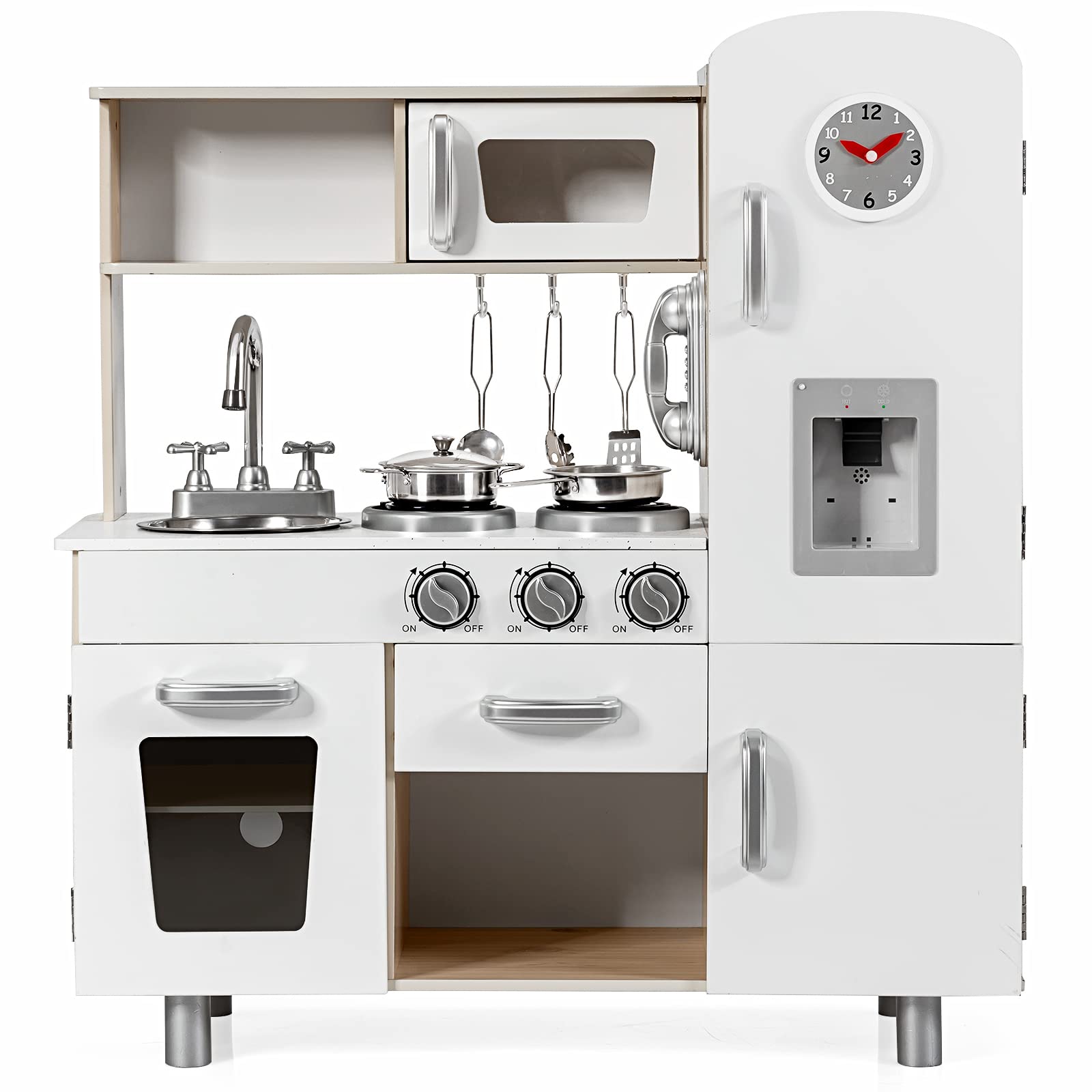 KOTEK Play Kitchen Set for Kids, Wooden Toddler Kitchen Playset with Water Dispenser w/Lights Sounds, Stove, Oven, Fridge, Microwave & Sink, Chef Pretend Play Toy Gift for Girls Boys Age 3+ (White)