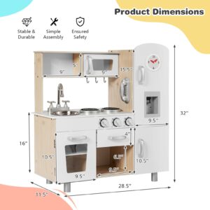 KOTEK Play Kitchen Set for Kids, Wooden Toddler Kitchen Playset with Water Dispenser w/Lights Sounds, Stove, Oven, Fridge, Microwave & Sink, Chef Pretend Play Toy Gift for Girls Boys Age 3+ (White)