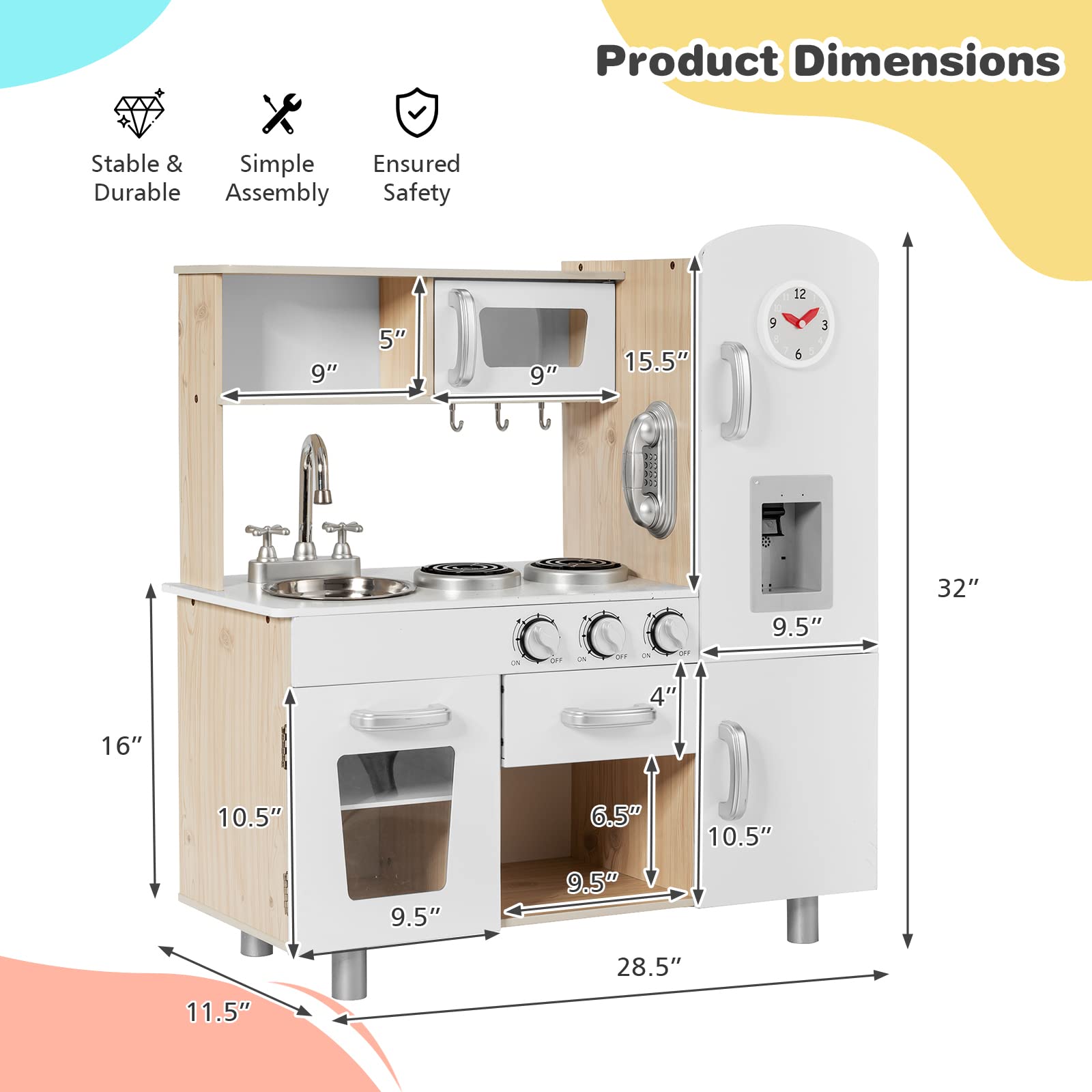 KOTEK Play Kitchen Set for Kids, Wooden Toddler Kitchen Playset with Water Dispenser w/Lights Sounds, Stove, Oven, Fridge, Microwave & Sink, Chef Pretend Play Toy Gift for Girls Boys Age 3+ (White)