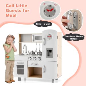 KOTEK Play Kitchen Set for Kids, Wooden Toddler Kitchen Playset with Water Dispenser w/Lights Sounds, Stove, Oven, Fridge, Microwave & Sink, Chef Pretend Play Toy Gift for Girls Boys Age 3+ (White)