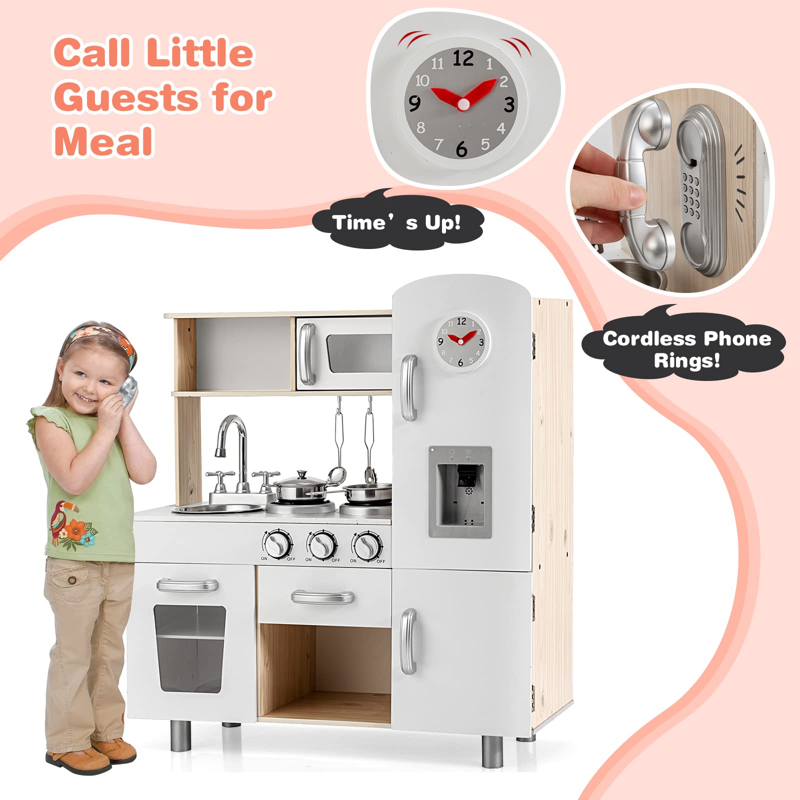 KOTEK Play Kitchen Set for Kids, Wooden Toddler Kitchen Playset with Water Dispenser w/Lights Sounds, Stove, Oven, Fridge, Microwave & Sink, Chef Pretend Play Toy Gift for Girls Boys Age 3+ (White)