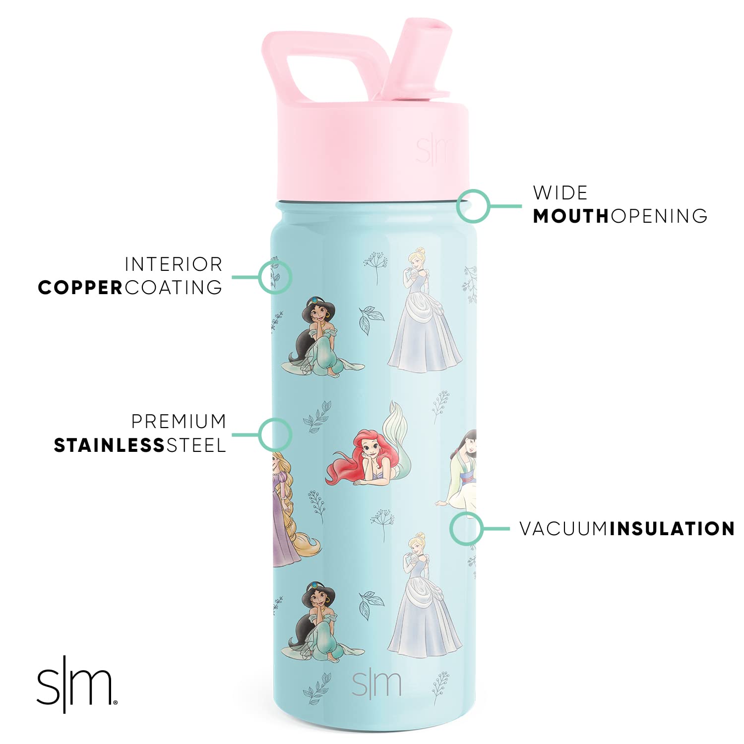 Simple Modern Disney Princess Kids Water Bottle with Straw Lid | Reusable Insulated Stainless Steel Cup for Girls, School | Summit Collection | 18oz, Princesses Royal Beauty