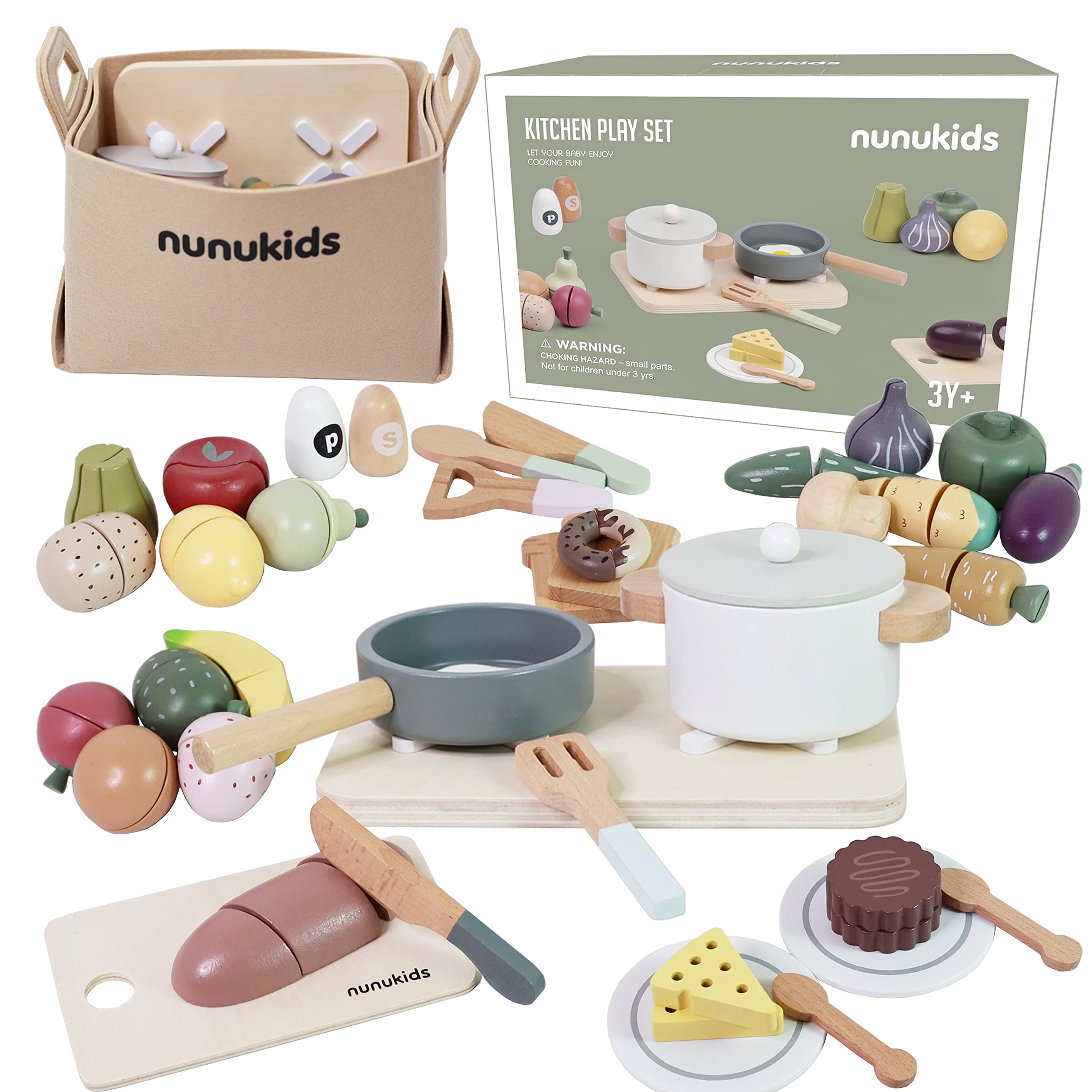 nunukids Wooden Play Food Sets for Kids Kitchen 42 pc Wooden Toys with Storage Basket Wood Pretend Food Play Kitchen Accessories Set