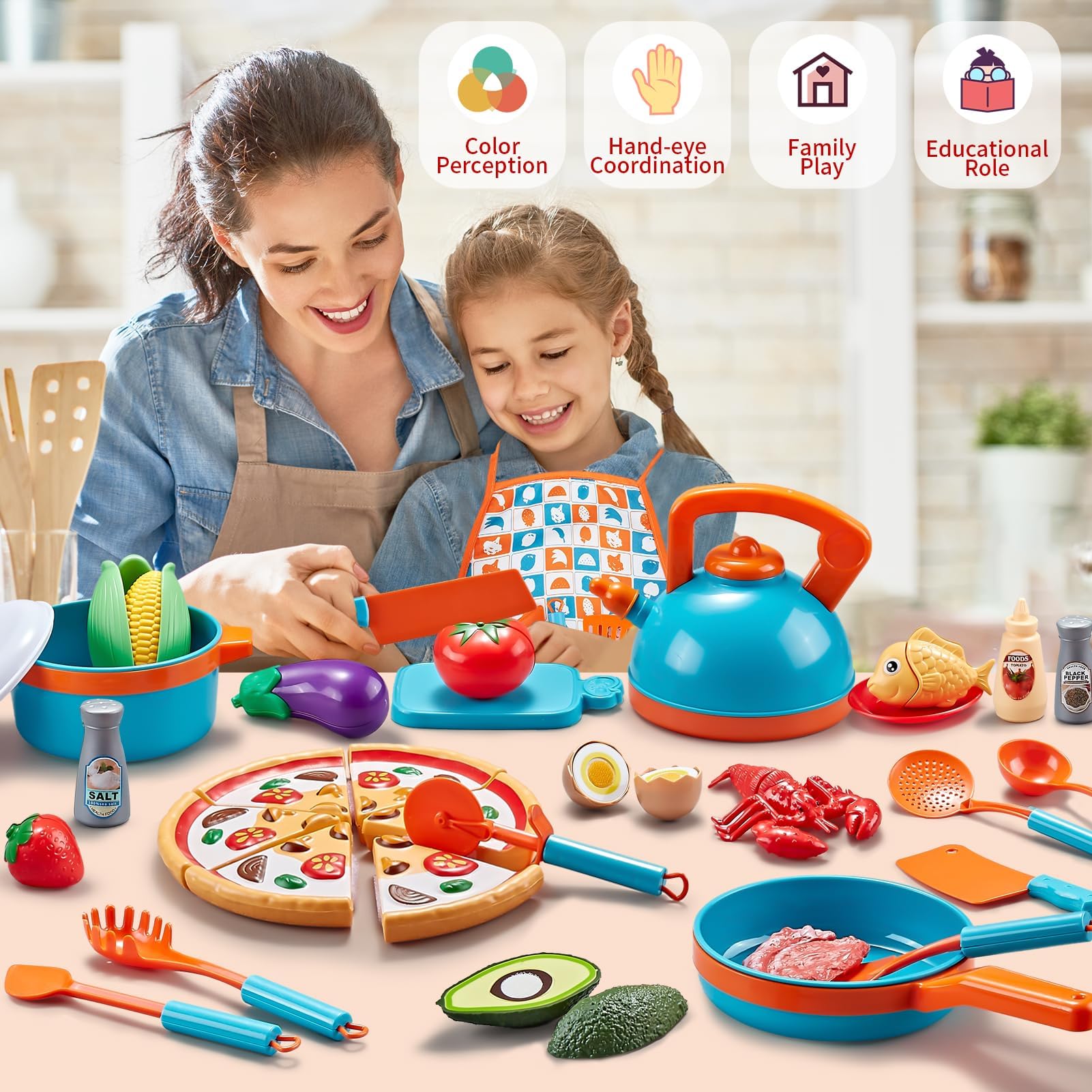 Laugigle Play Kitchen Accessories - 46Pc Kids Kitchen Playset with Kids Pots and Pans Playset, Pizza Toy, Play Food with Play Fruit Veggies, Kitchen Toys, Cooking Utensils Toy, Apron, Boys Girls Gift