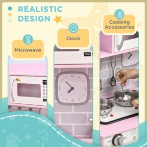 Qaba Pretend Play Kitchen Toy Set for Kids with Realistic Design, Stove Lights, Storage, Water Dispenser, for 3-6 Years Old, Pink