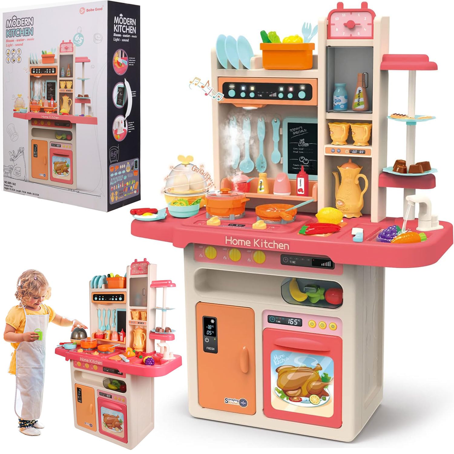 Roxie Play Kitchen Set for Girls, Pink Kitchen with Realistic Lights & Sounds, Play Sink with Runnng Water, Cooking Stove with Steam, 65 PCS Jumbo Kitchen Toys for Kids