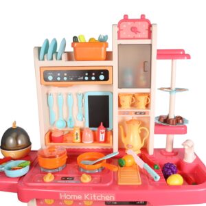 Roxie Play Kitchen Set for Girls, Pink Kitchen with Realistic Lights & Sounds, Play Sink with Runnng Water, Cooking Stove with Steam, 65 PCS Jumbo Kitchen Toys for Kids