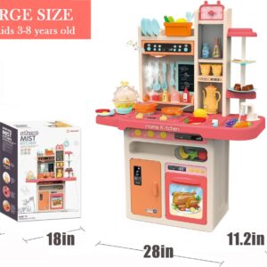 Roxie Play Kitchen Set for Girls, Pink Kitchen with Realistic Lights & Sounds, Play Sink with Runnng Water, Cooking Stove with Steam, 65 PCS Jumbo Kitchen Toys for Kids