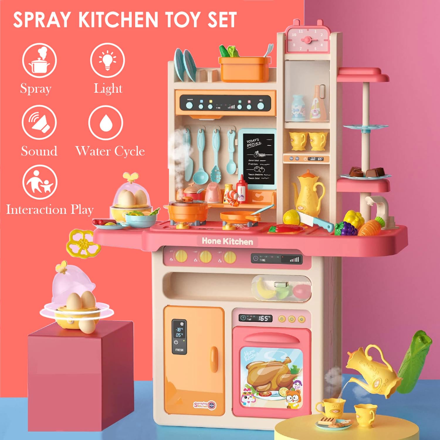 Roxie Play Kitchen Set for Girls, Pink Kitchen with Realistic Lights & Sounds, Play Sink with Runnng Water, Cooking Stove with Steam, 65 PCS Jumbo Kitchen Toys for Kids