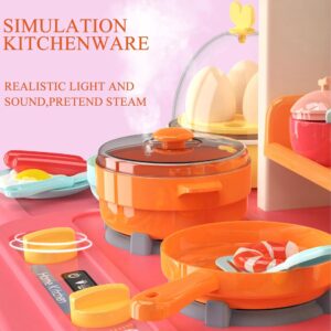 Roxie Play Kitchen Set for Girls, Pink Kitchen with Realistic Lights & Sounds, Play Sink with Runnng Water, Cooking Stove with Steam, 65 PCS Jumbo Kitchen Toys for Kids