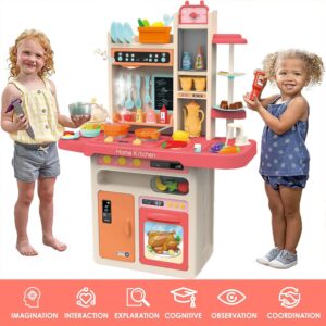 Roxie Play Kitchen Set for Girls, Pink Kitchen with Realistic Lights & Sounds, Play Sink with Runnng Water, Cooking Stove with Steam, 65 PCS Jumbo Kitchen Toys for Kids